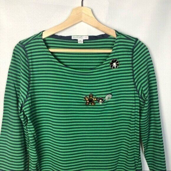 Isaac Mizrahi Live Green & Blue Striped Brooch Embellished Long Sleeve T-Shirt - Picture 3 of 6